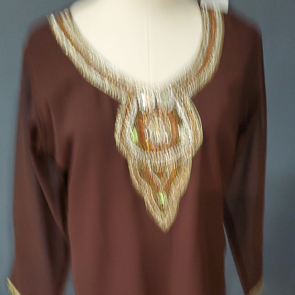 Brown Indian  Embellished V-Neck Tunic with Gold Beading Top - Picture 3 of 17
